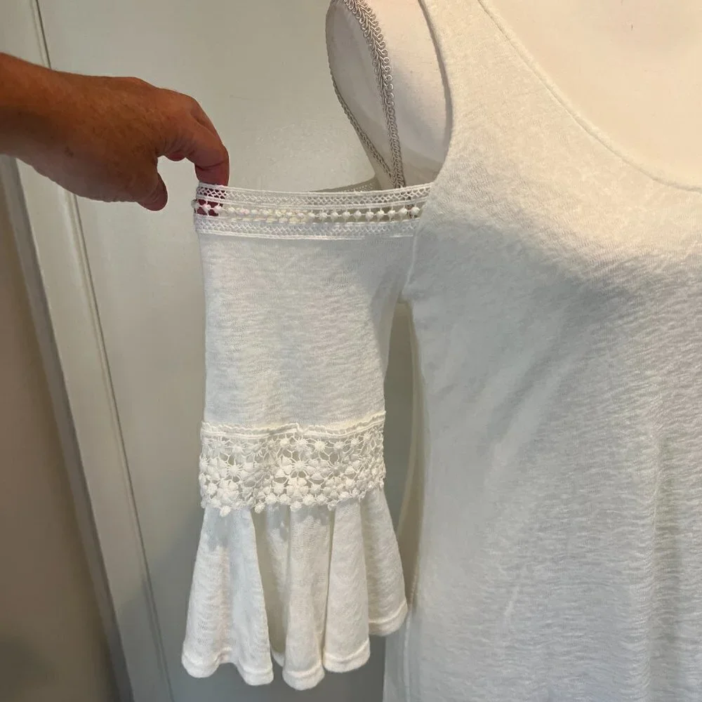 Red Haute cream cold shoulder dress with lace and bell sleeves , Size Small